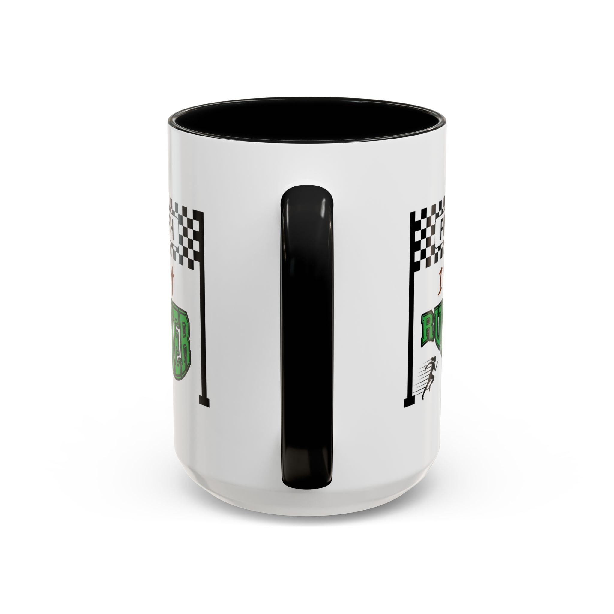 15oz white ceramic I Am a Runner mug with black handle and interior Handle view