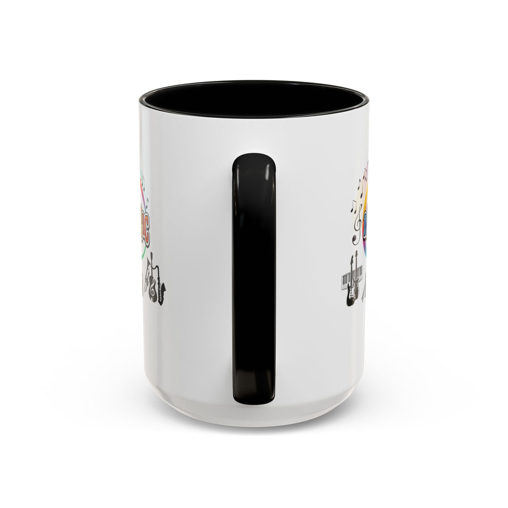15oz white ceramic Music Instrument mug with black handle and interior Handle view