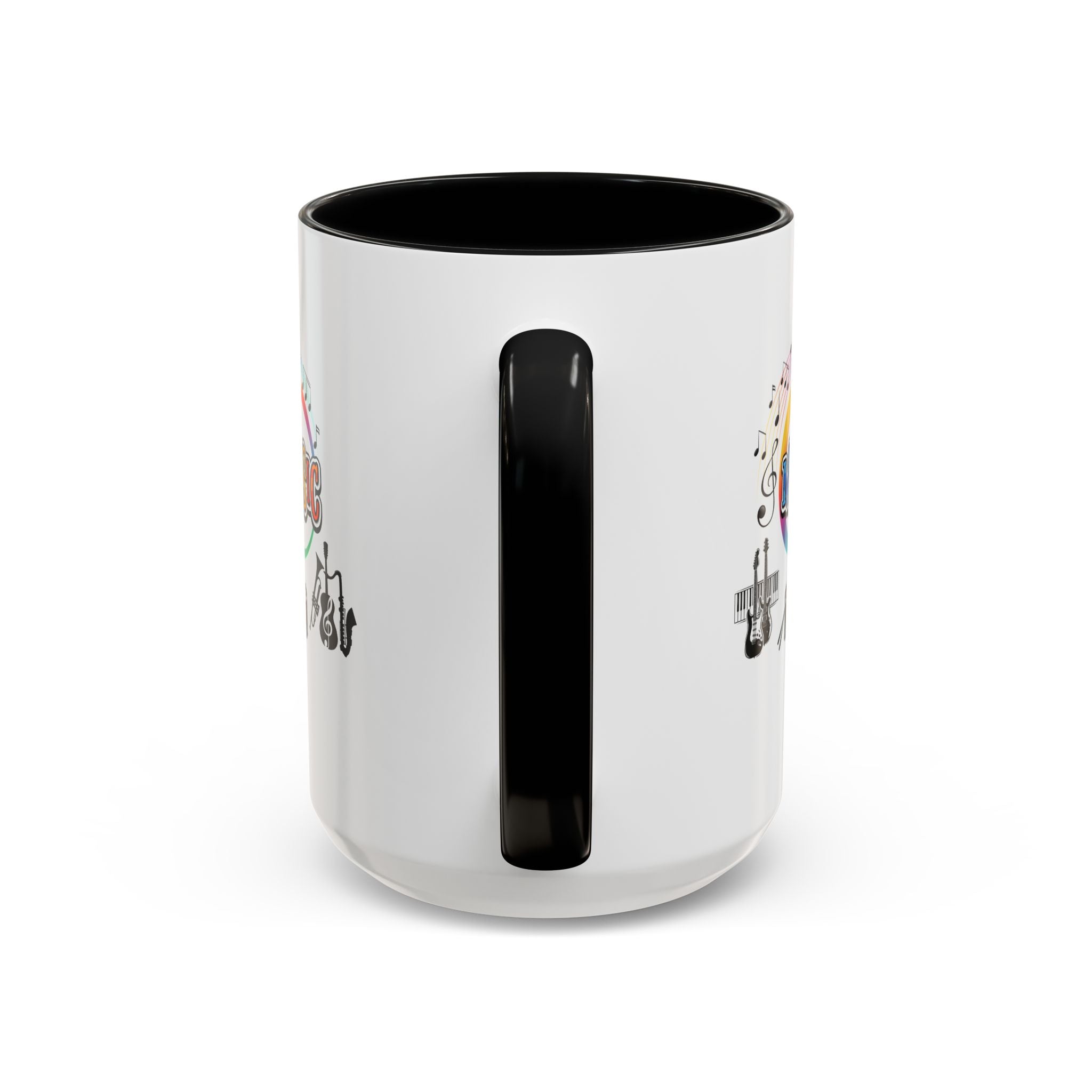 15oz white ceramic Music Instrument mug with black handle and interior Handle view