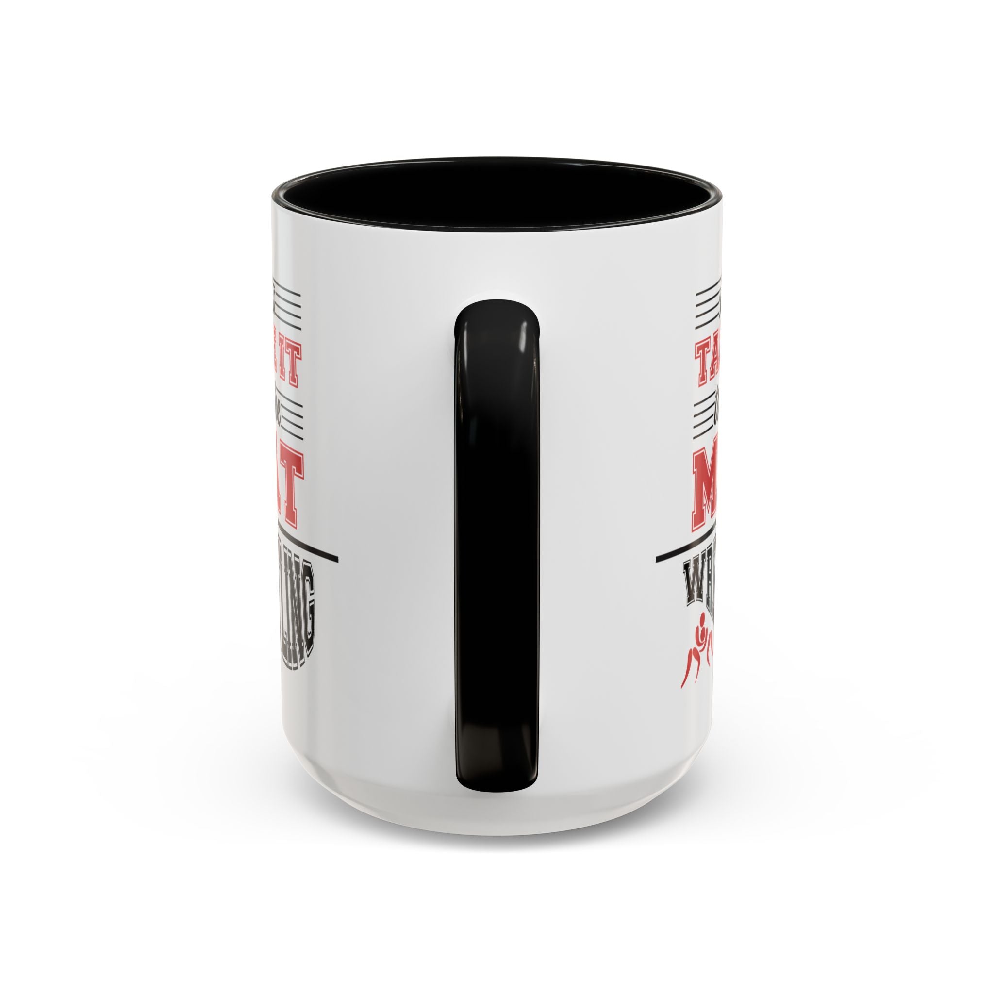 15oz white ceramic Wrestling mug with black handle and interior Handle view