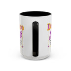 15oz white ceramic Dance Mom mug with black handle and interior Handle view