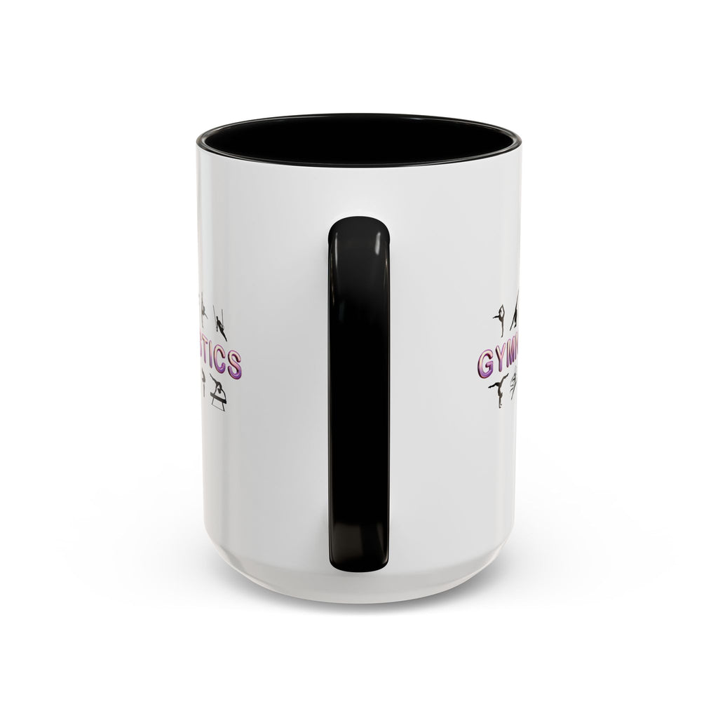 15oz white ceramic Gymnastics mug with black handle and interior Handle view