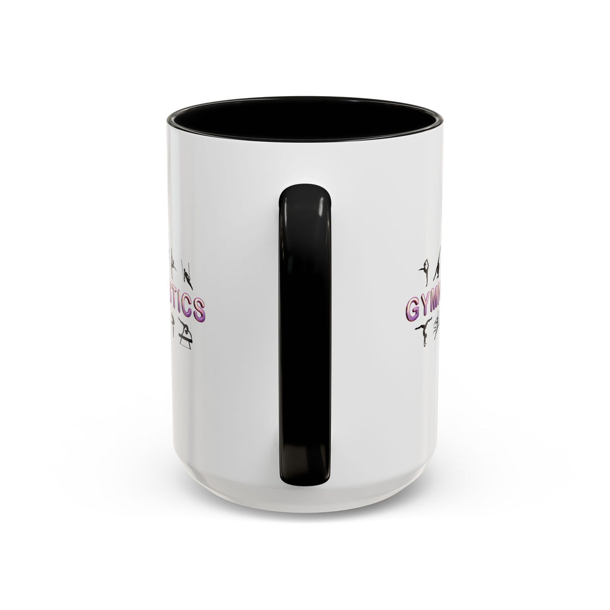 15oz white ceramic Gymnastics mug with black handle and interior Handle view