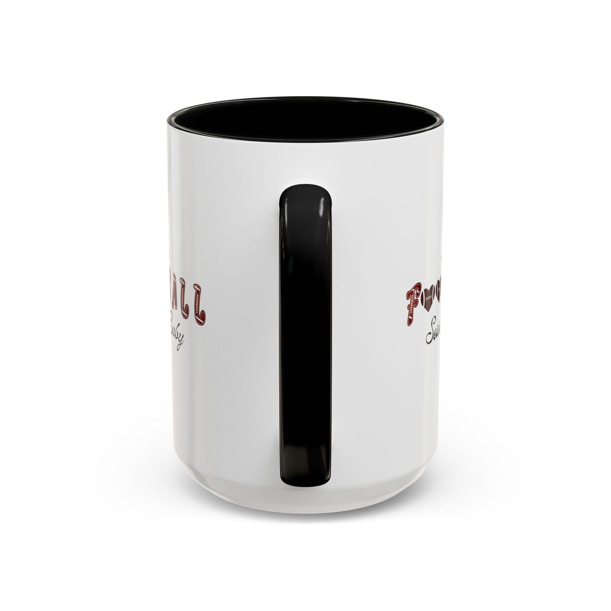 15oz white ceramic It's Football Season Baby mug with black handle and interior Handle view