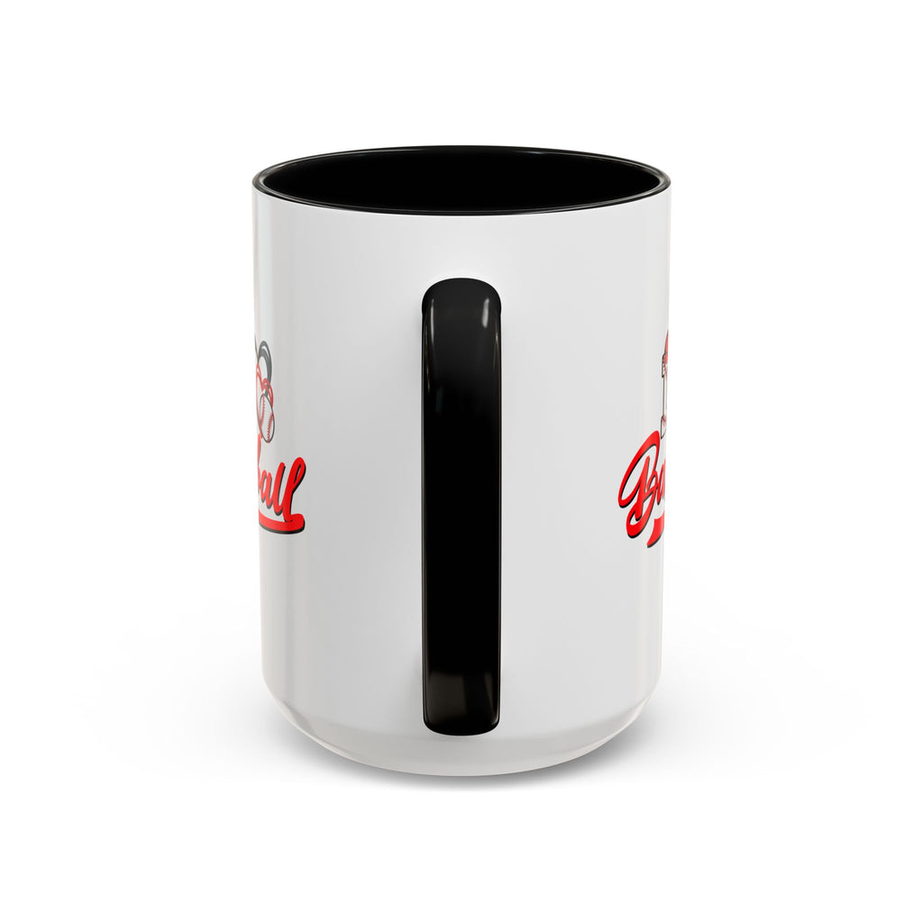 15oz white ceramic I Love Baseball mug with black handle and interior Handle view