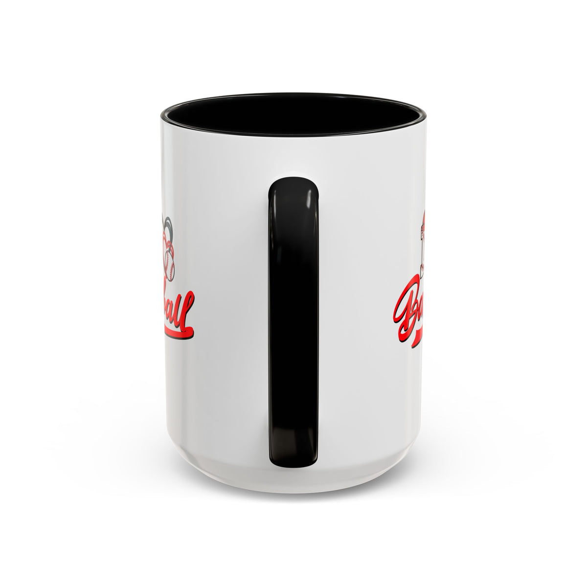 15oz white ceramic I Love Baseball mug with black handle and interior Handle view