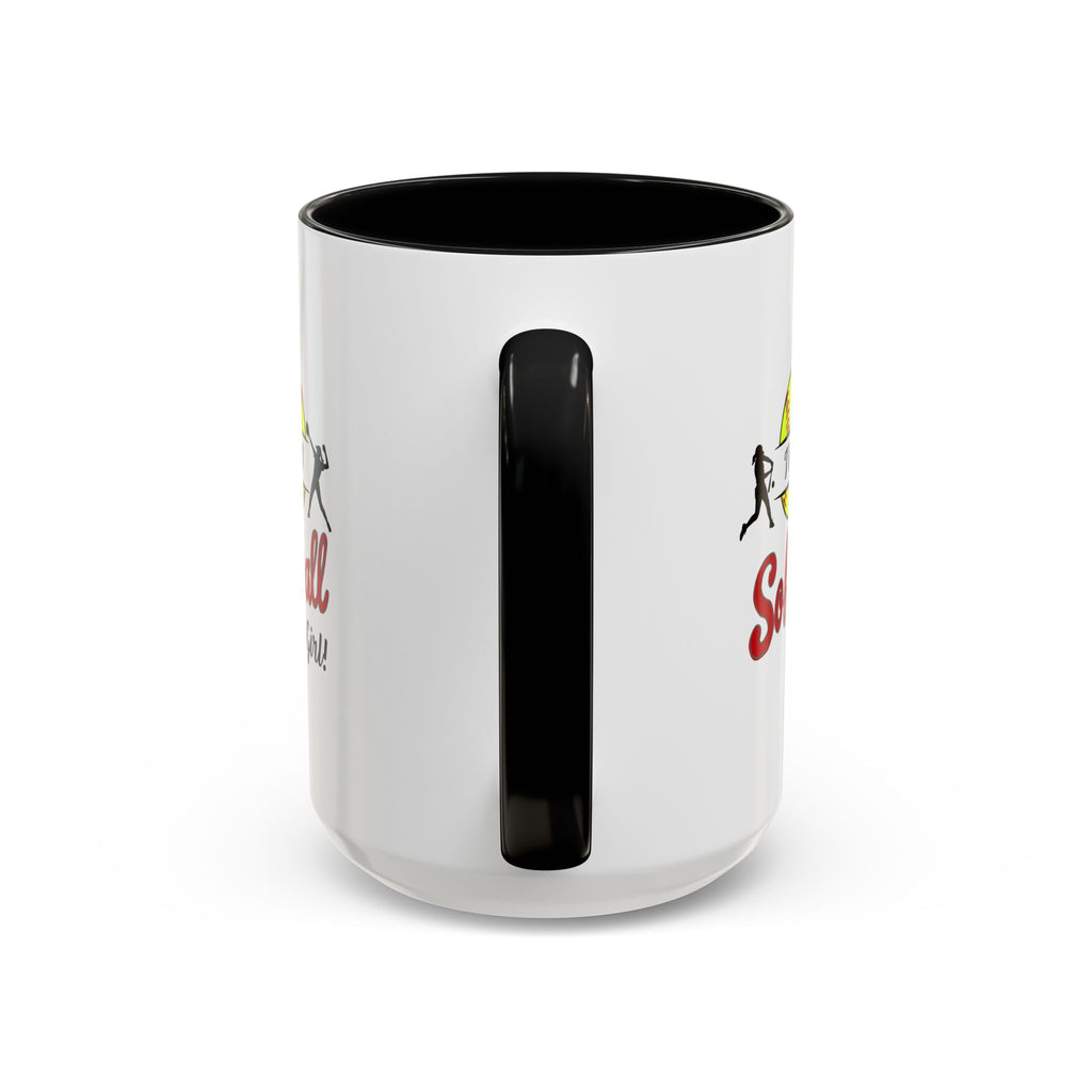 15oz white ceramic Softball mug with black handle and interior Handle view