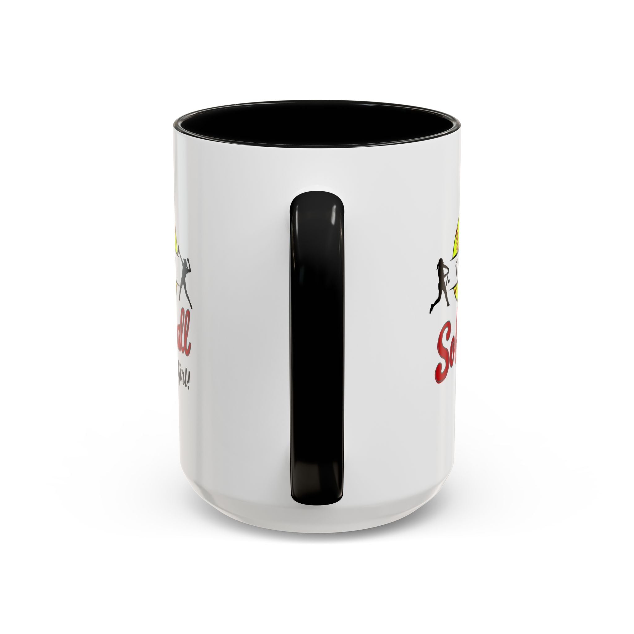 15oz white ceramic Softball mug with black handle and interior Handle view