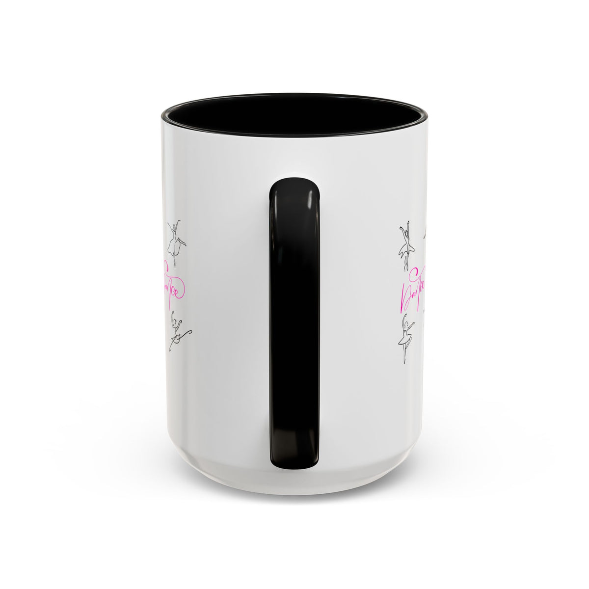 15oz white ceramic Dancer Line Art mug with black handle and interior Handle view