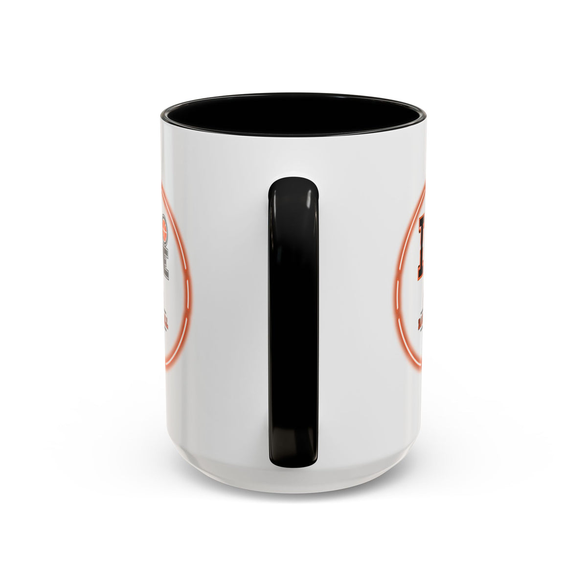 15oz white ceramic I Love Basketball mug with black handle and interior Handle view