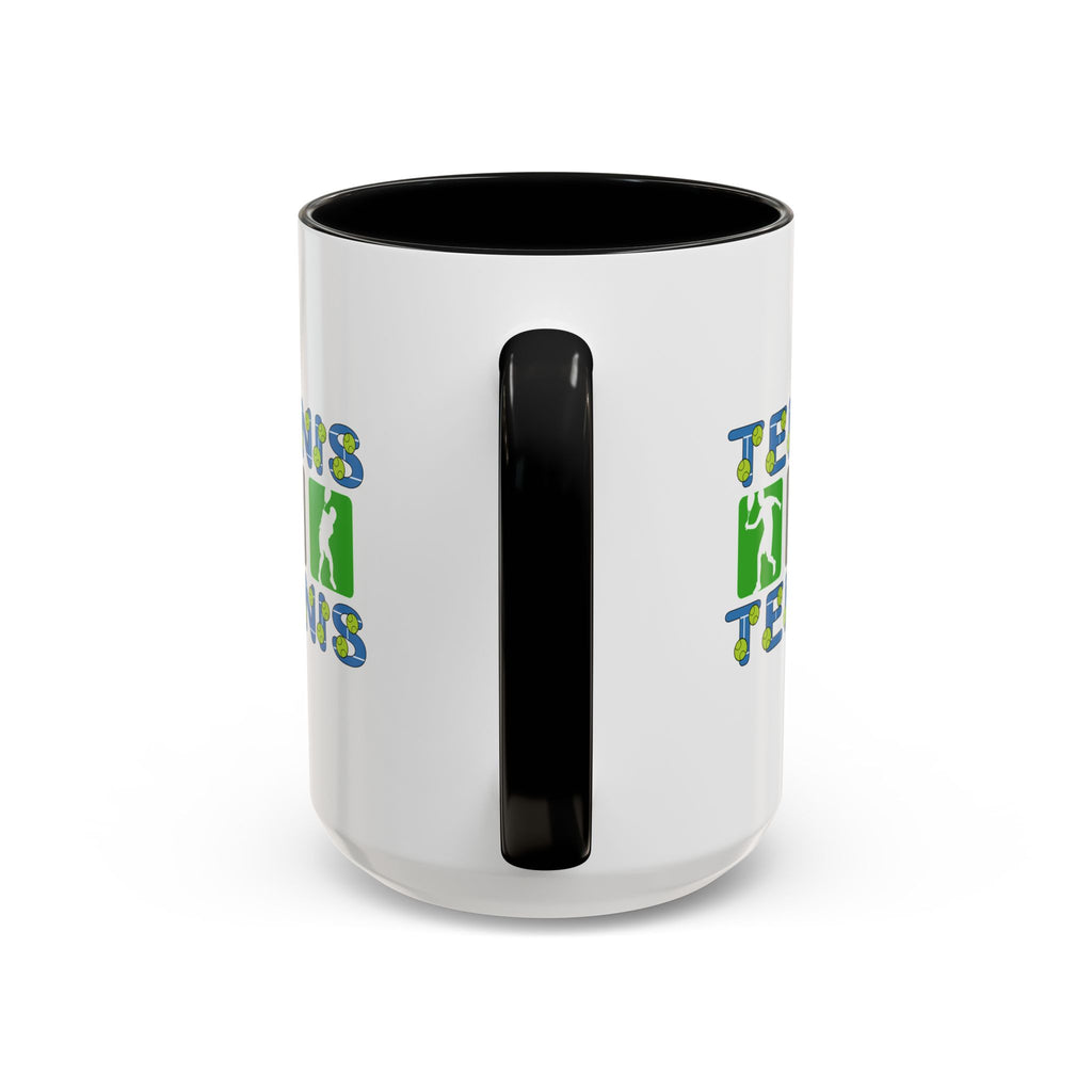 15oz white ceramic Tennis mug with black handle and interior Handle view