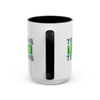 15oz white ceramic Tennis mug with black handle and interior Handle view