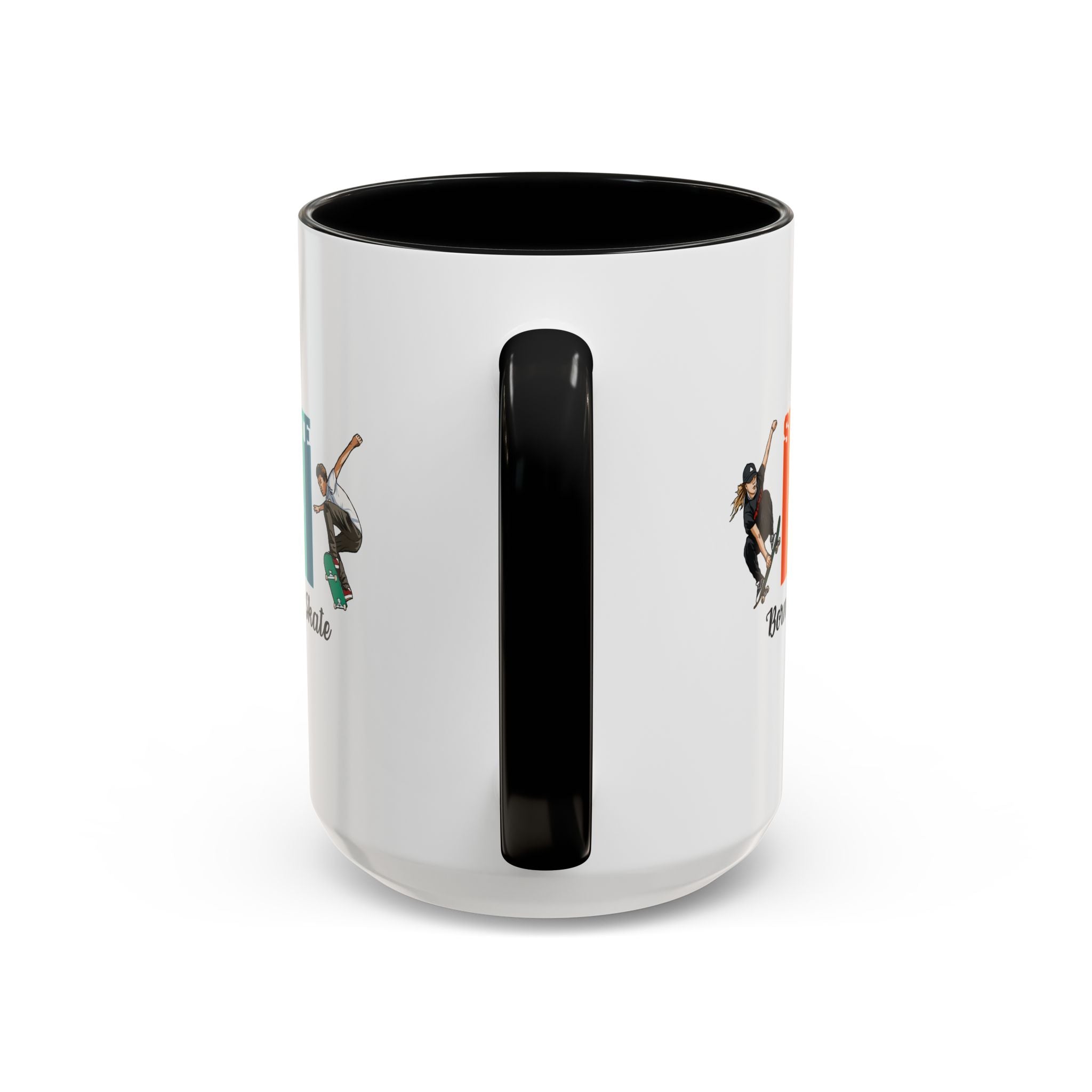 15oz white ceramic Born to Skate Skateboarding mug with black handle and interior Handle view