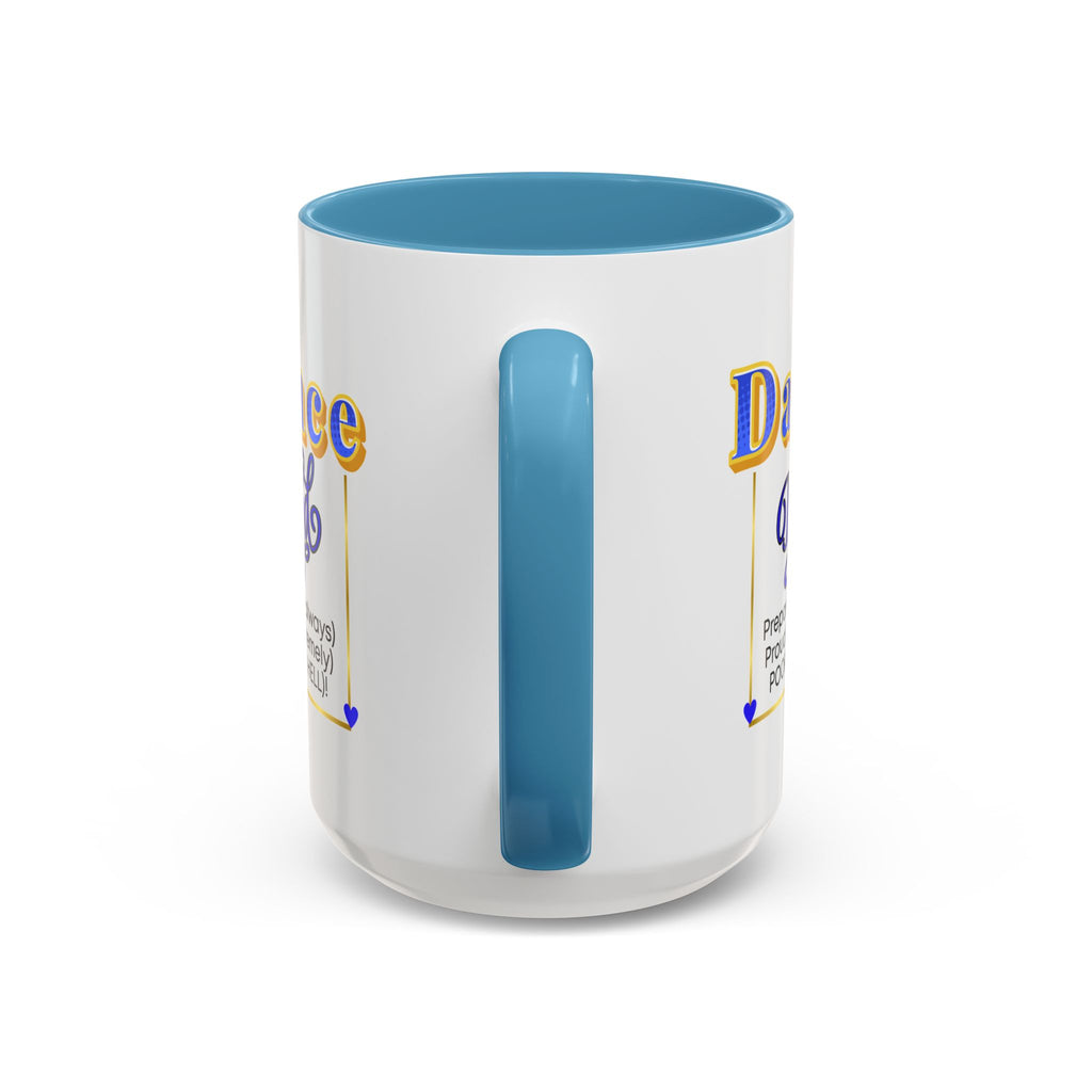 15oz white ceramic Dance Dad mug with light blue handle and interior Handle view