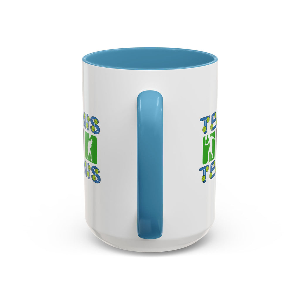 15oz white ceramic Tennis mug with light blue handle and interior Handle view