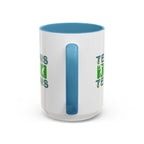 15oz white ceramic Tennis mug with light blue handle and interior Handle view