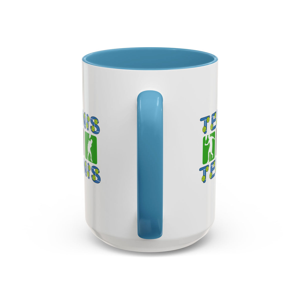 15oz white ceramic Tennis mug with light blue handle and interior Handle view