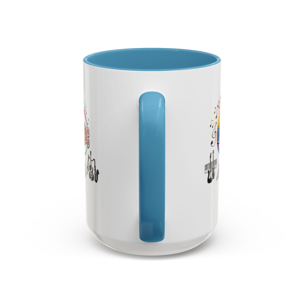 15oz white ceramic Music Instrument mug with light blue handle and interior Handle view