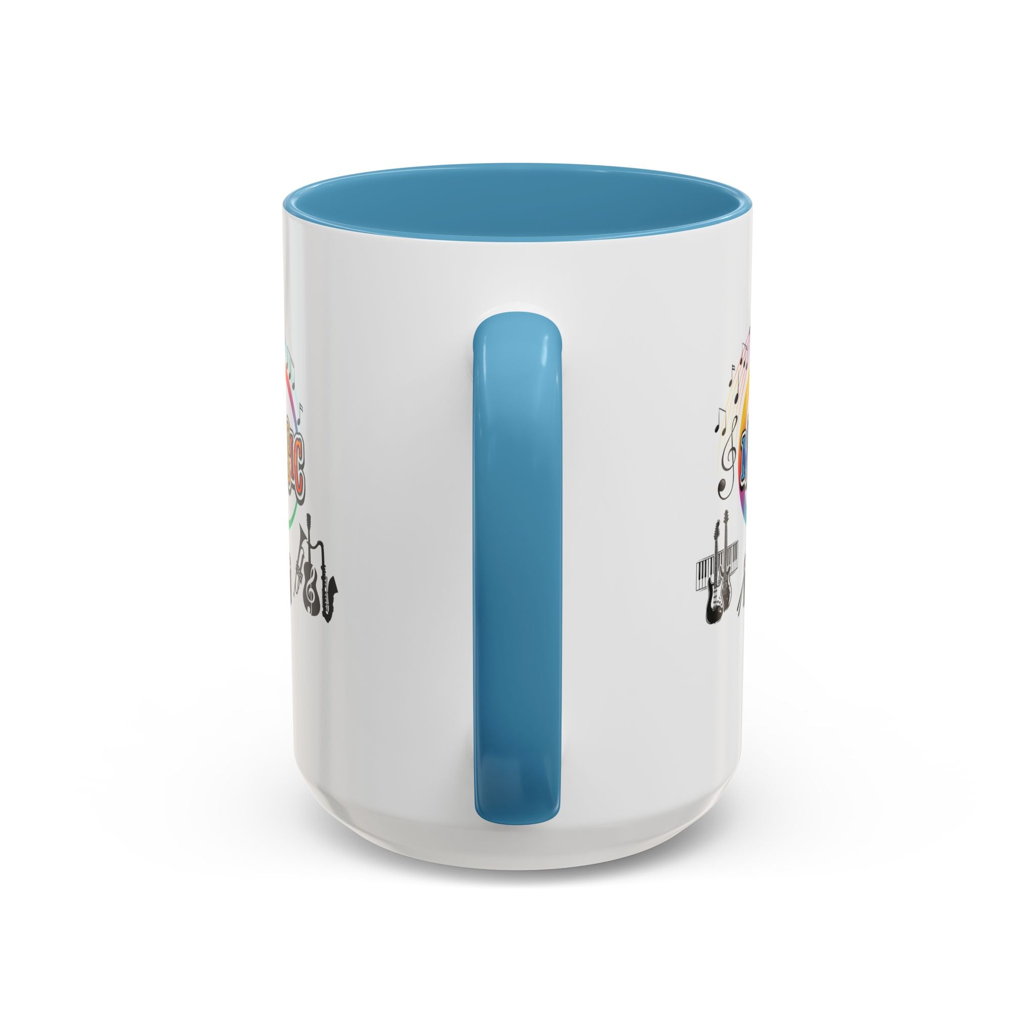 15oz white ceramic Music Instrument mug with light blue handle and interior Handle view