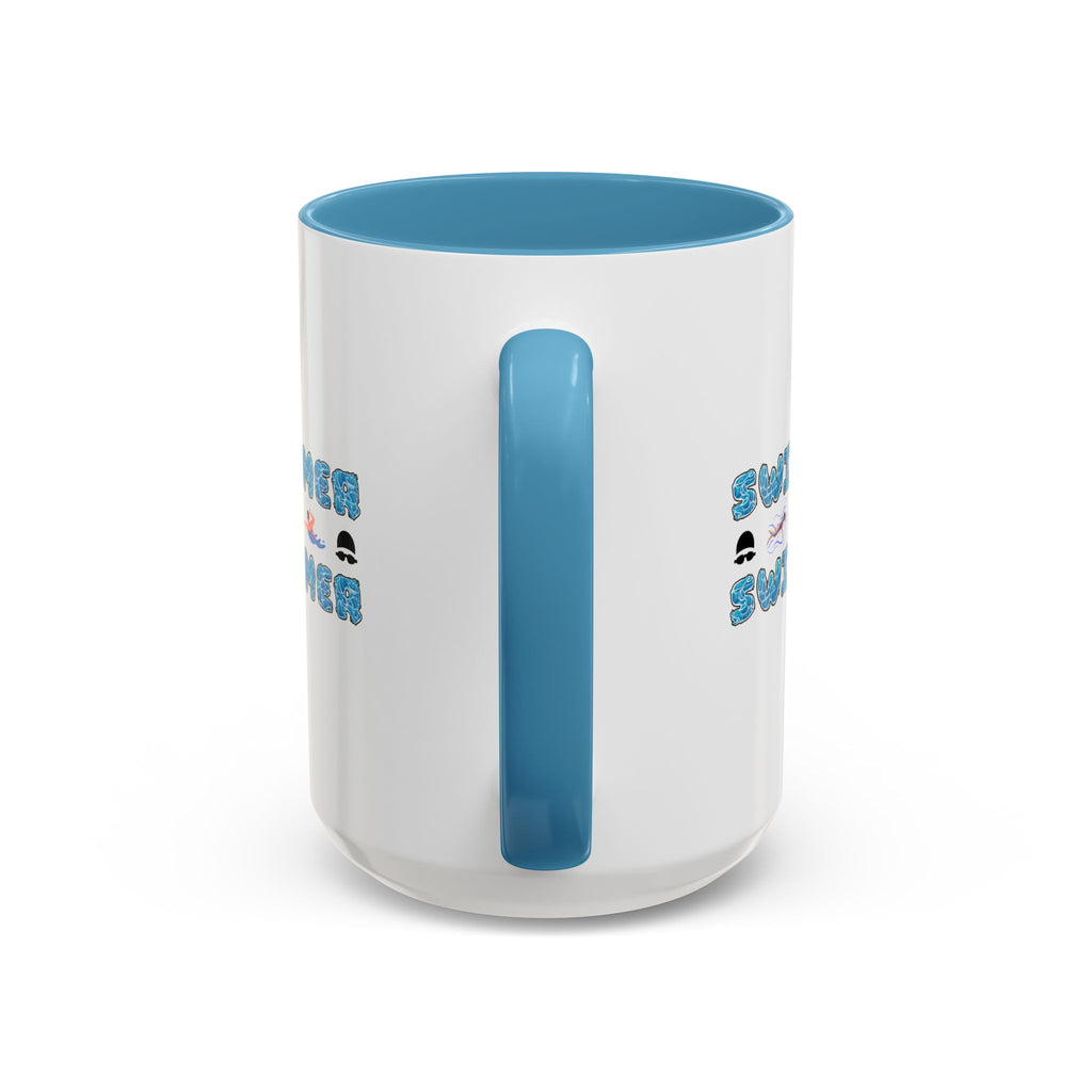 15oz white ceramic Swimmer mug with light blue handle and interior Handle view