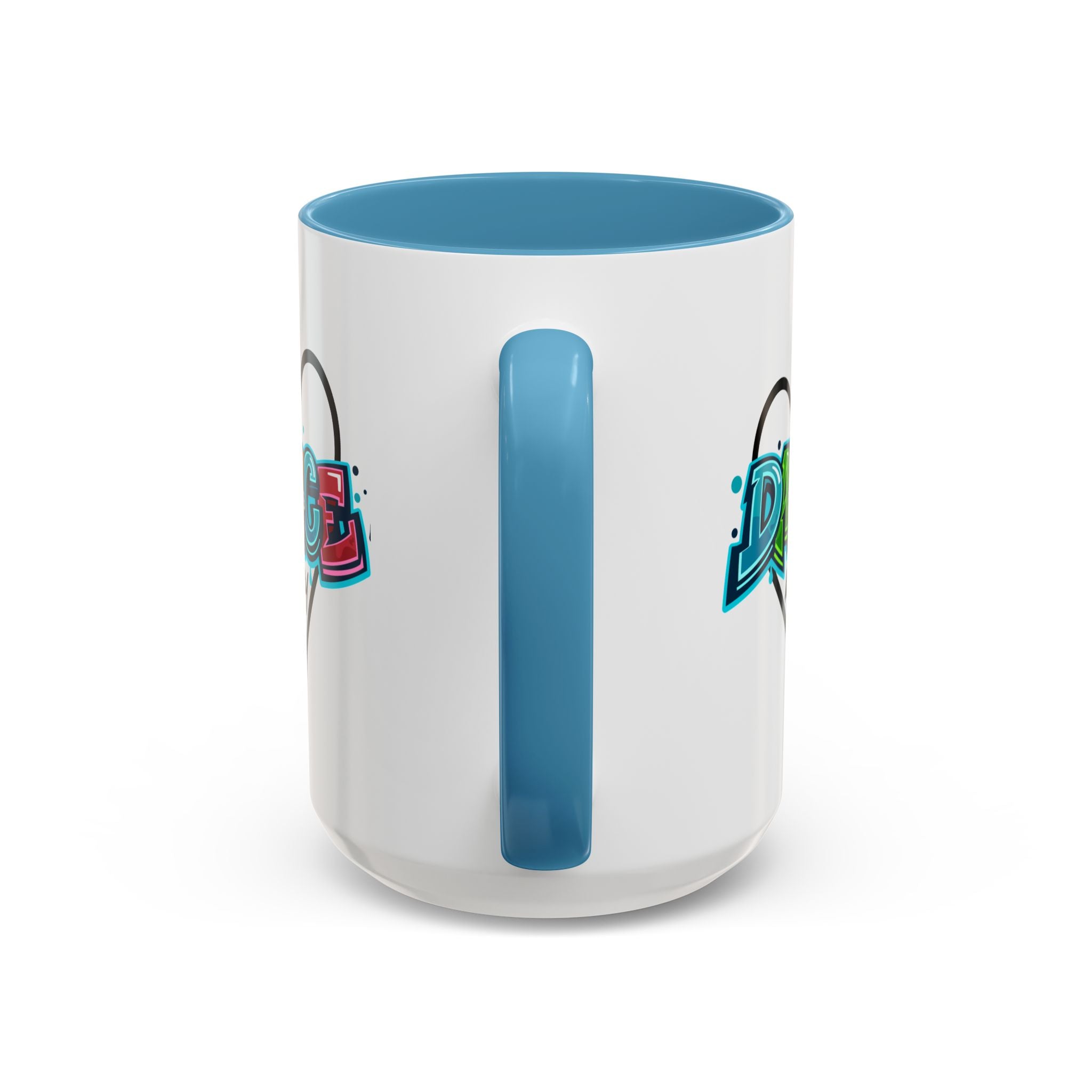 15oz white ceramic Dance All Day mug with light blue handle and interior Handle view