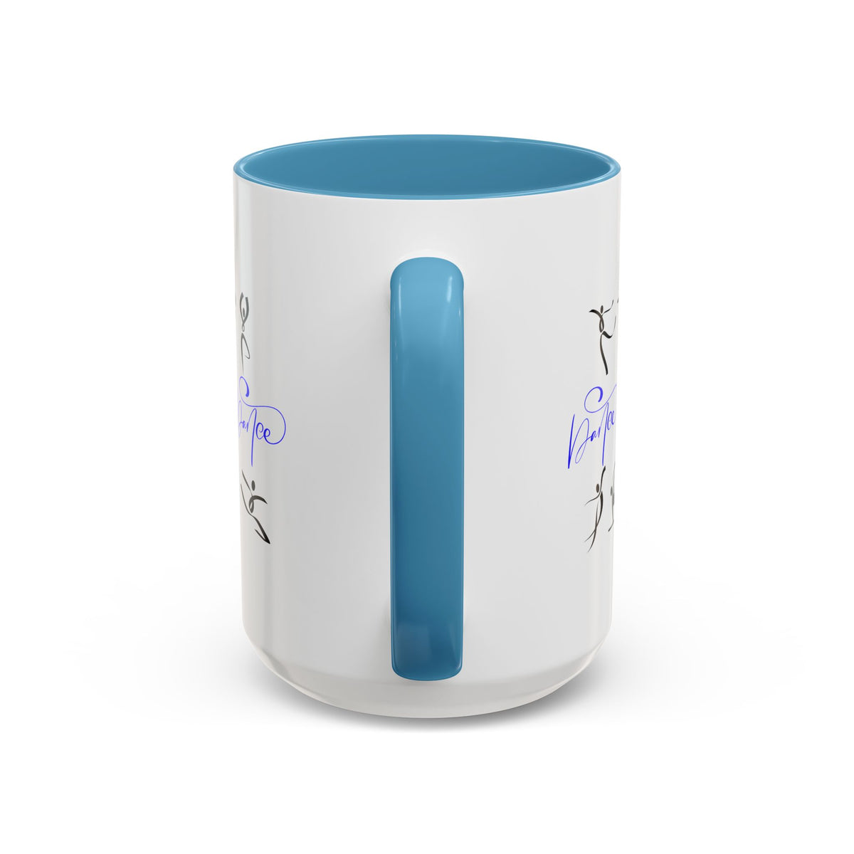 15oz white ceramic Dance Silhouette mug with light blue handle and interior Handle view