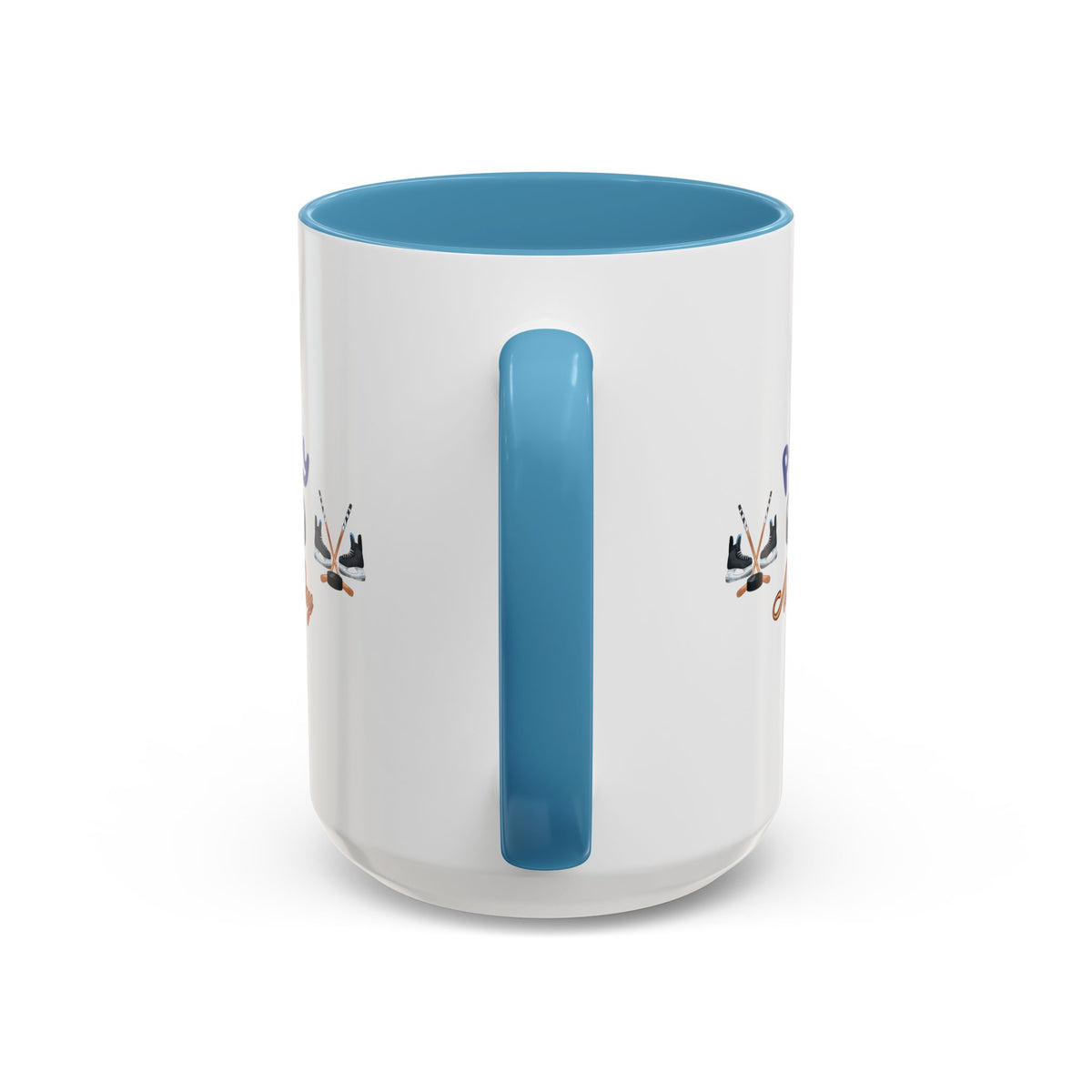 15oz white ceramic Ice Hockey Play All Day mug with light blue handle and interior Handle view