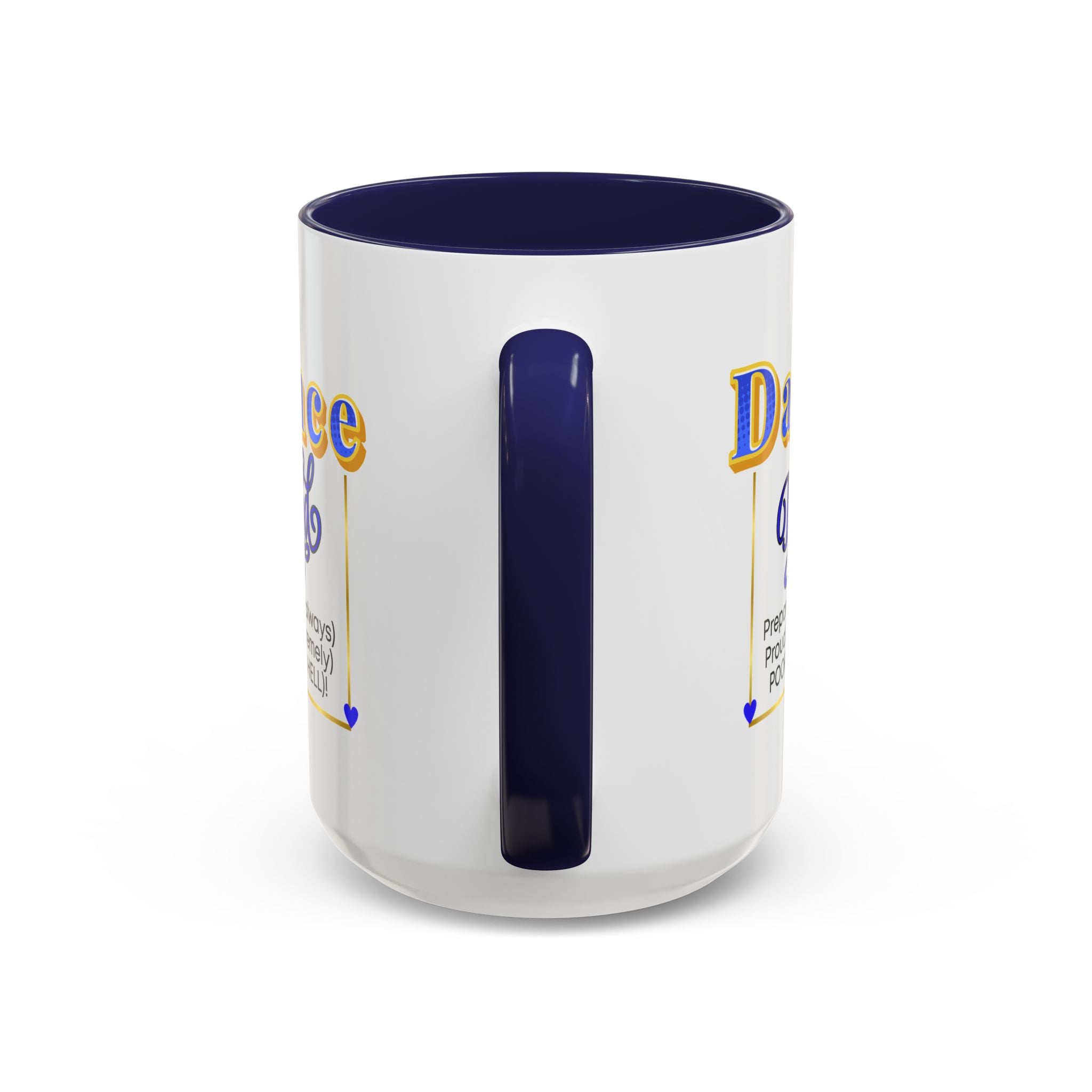 15oz white ceramic Dance Dad mug with navy handle and interior Handle view