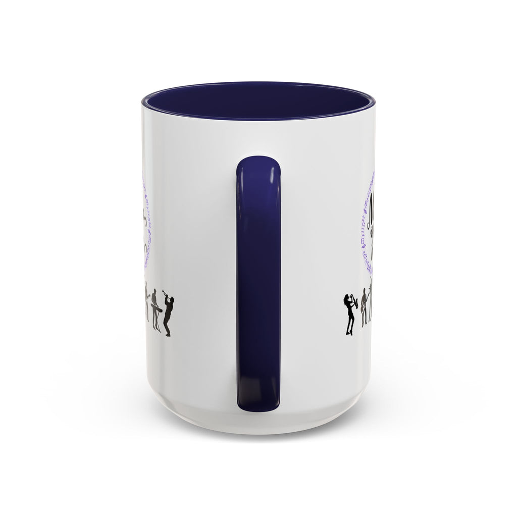 15oz white ceramic Music is Life mug with navy handle and interior Handle view