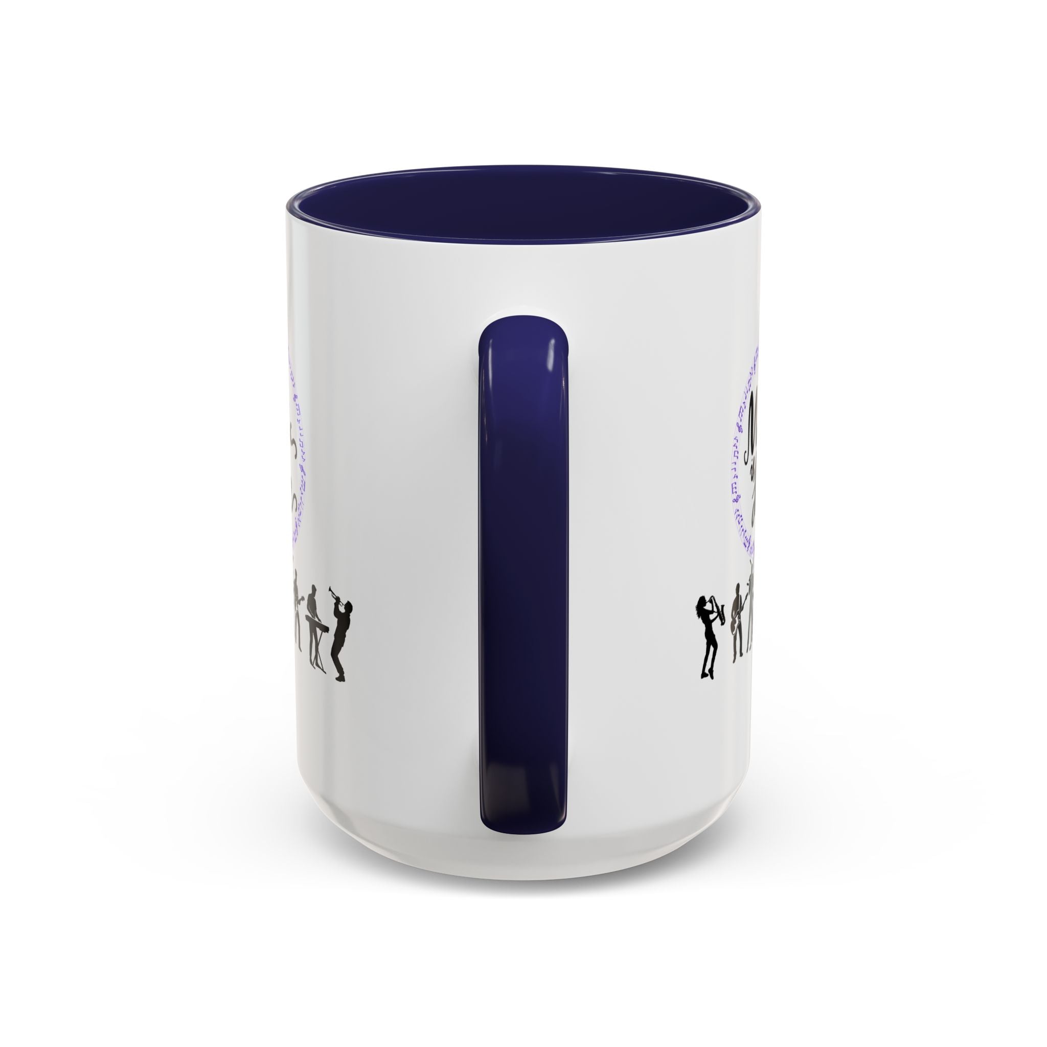 15oz white ceramic Music is Life mug with navy handle and interior Handle view