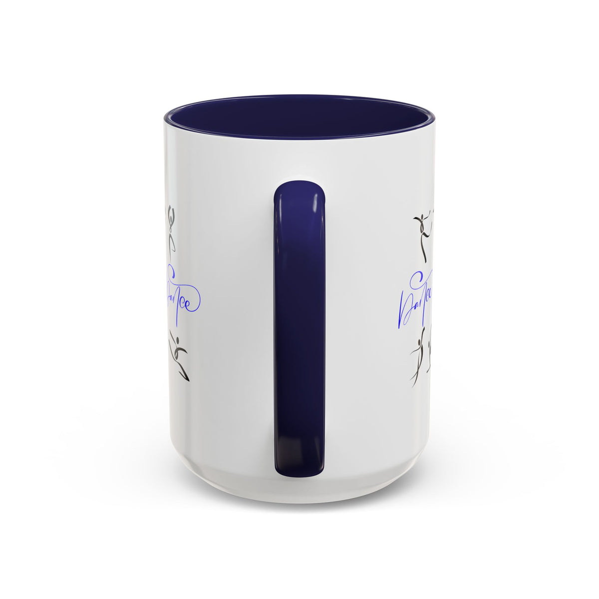 15oz white ceramic Dance Silhouette mug with navy handle and interior Handle view