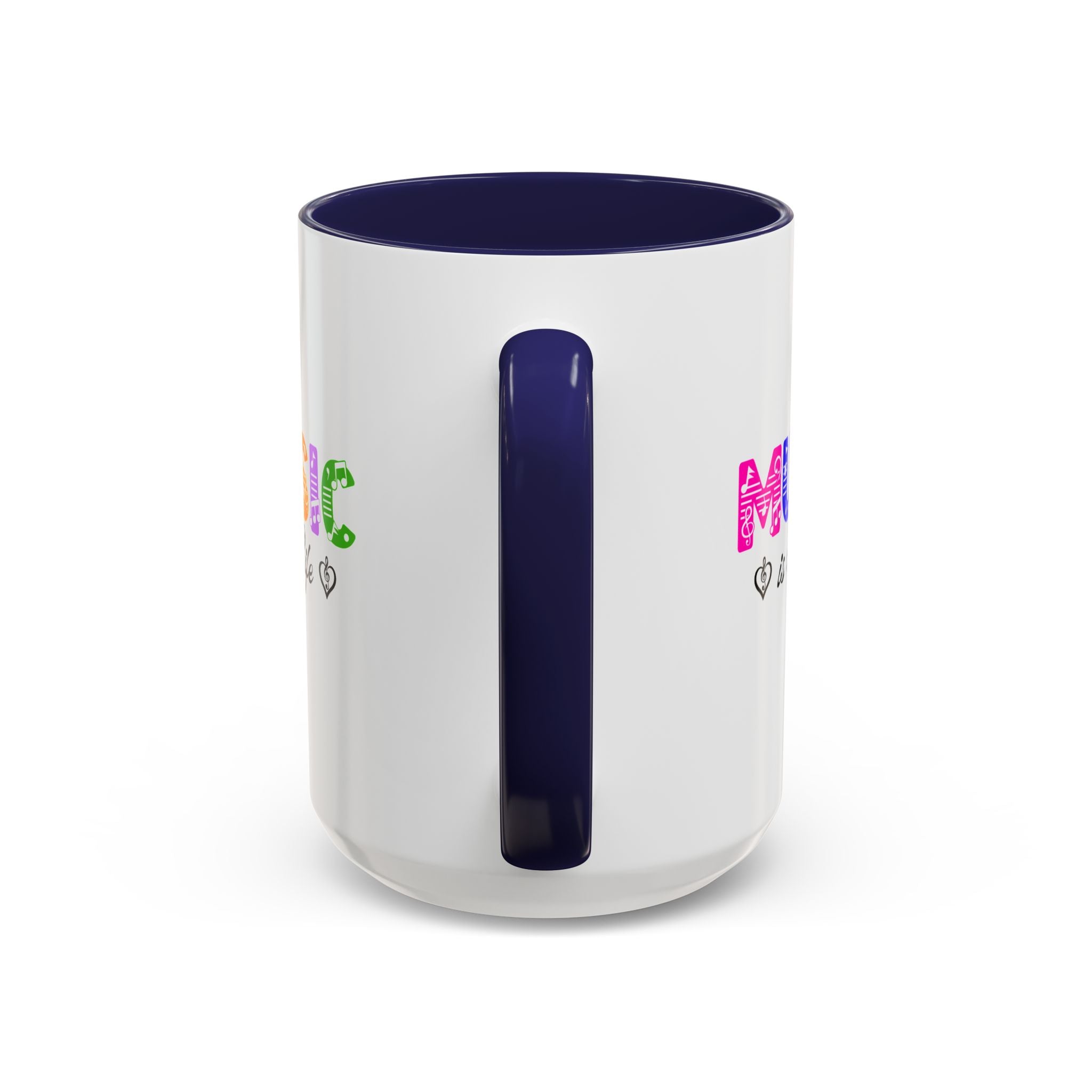 15oz white ceramic Rainbow Music is Life mug with navy handle and interior Handle view
