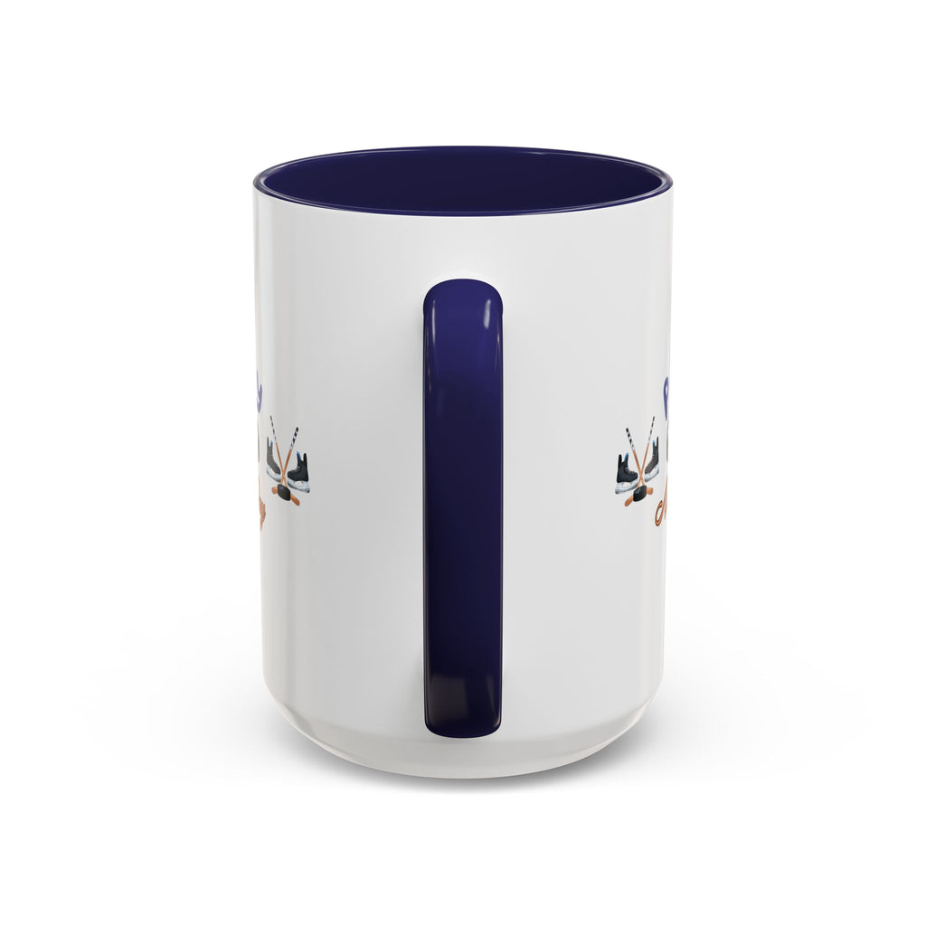 15oz white ceramic Ice Hockey Play All Day mug with navy handle and interior Handle view