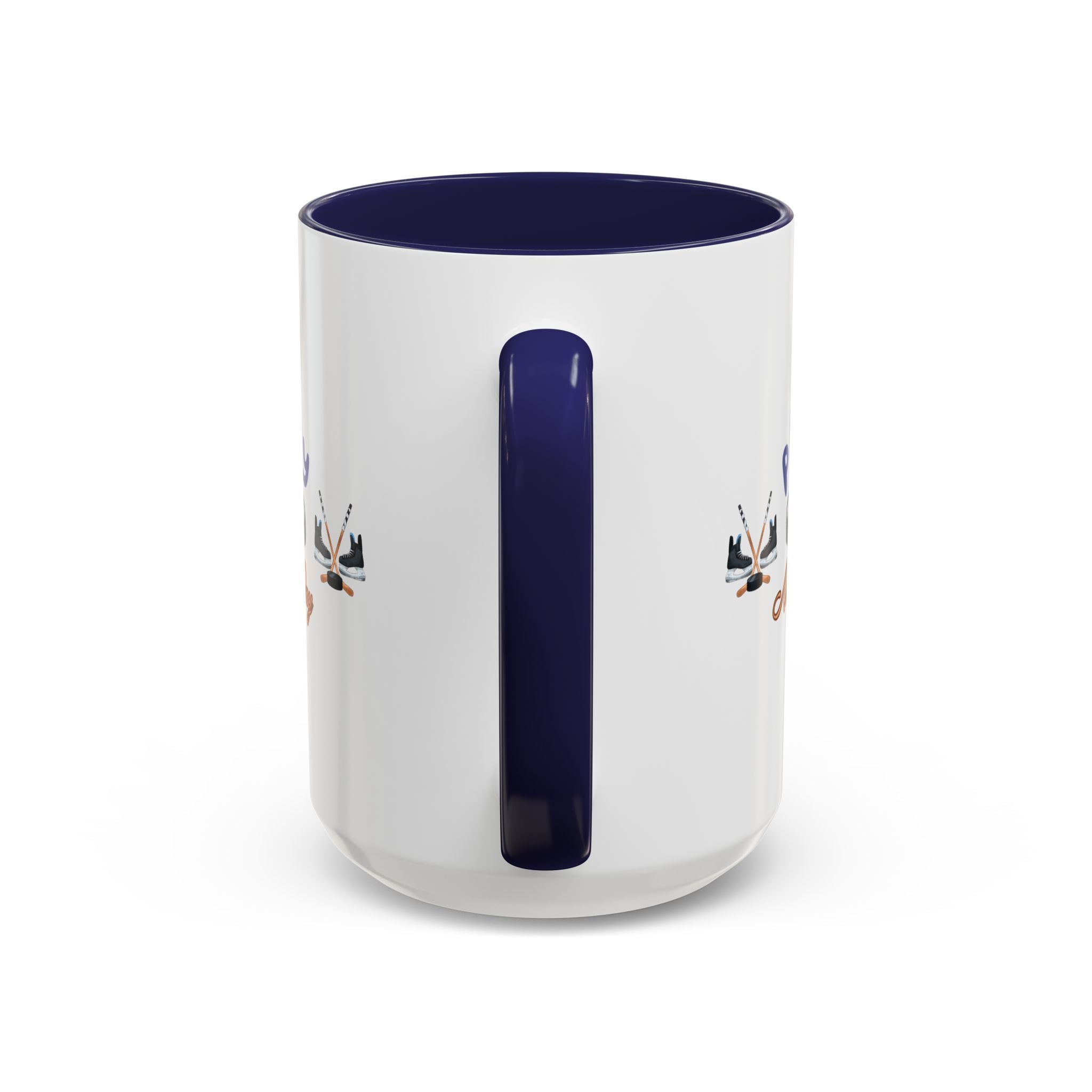 15oz white ceramic Ice Hockey Play All Day mug with navy handle and interior Handle view