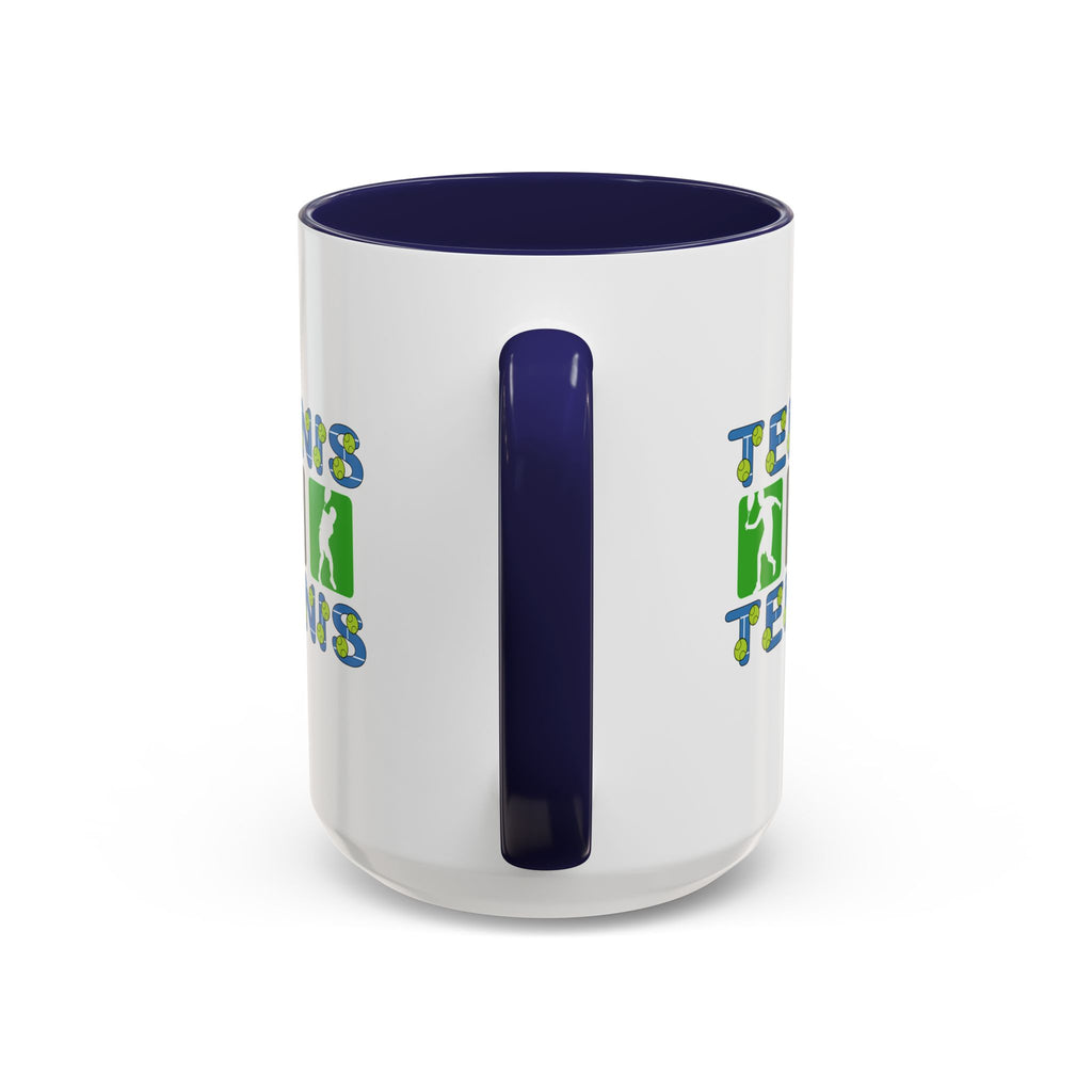15oz white ceramic Tennis mug with navy handle and interior Handle view