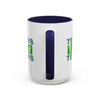 15oz white ceramic Tennis mug with navy handle and interior Handle view