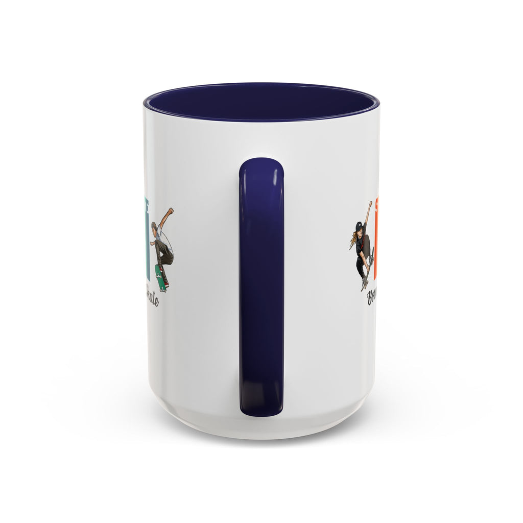 15oz white ceramic Born to Skate Skateboarding mug with navy handle and interior Handle view