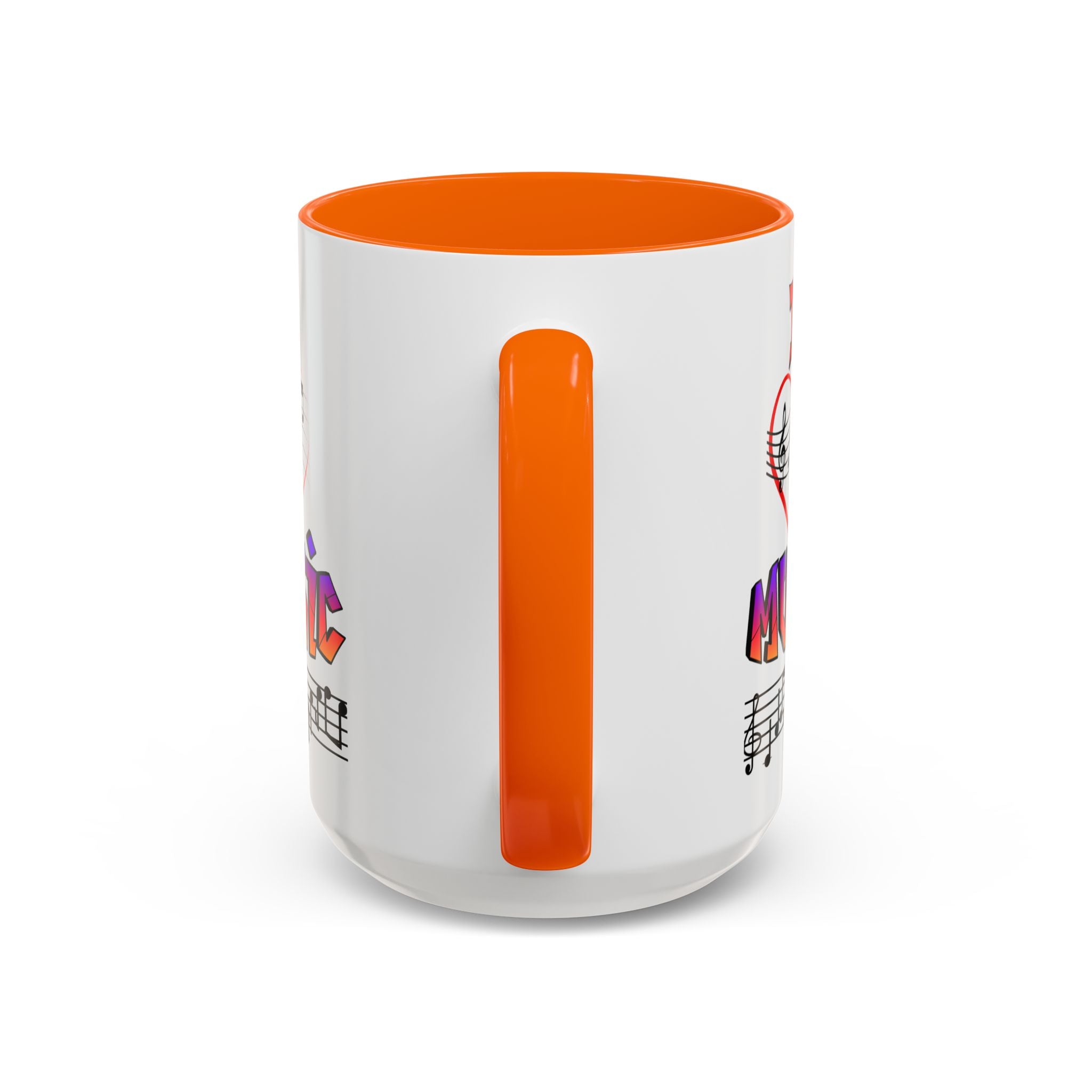 15oz white ceramic I Love Music mug with orange handle and interior Handle view