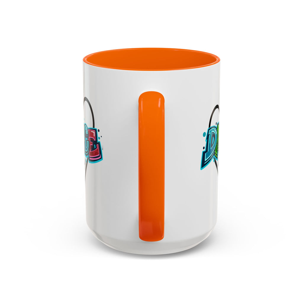 15oz white ceramic Dance All Day mug with orange handle and interior Handle view