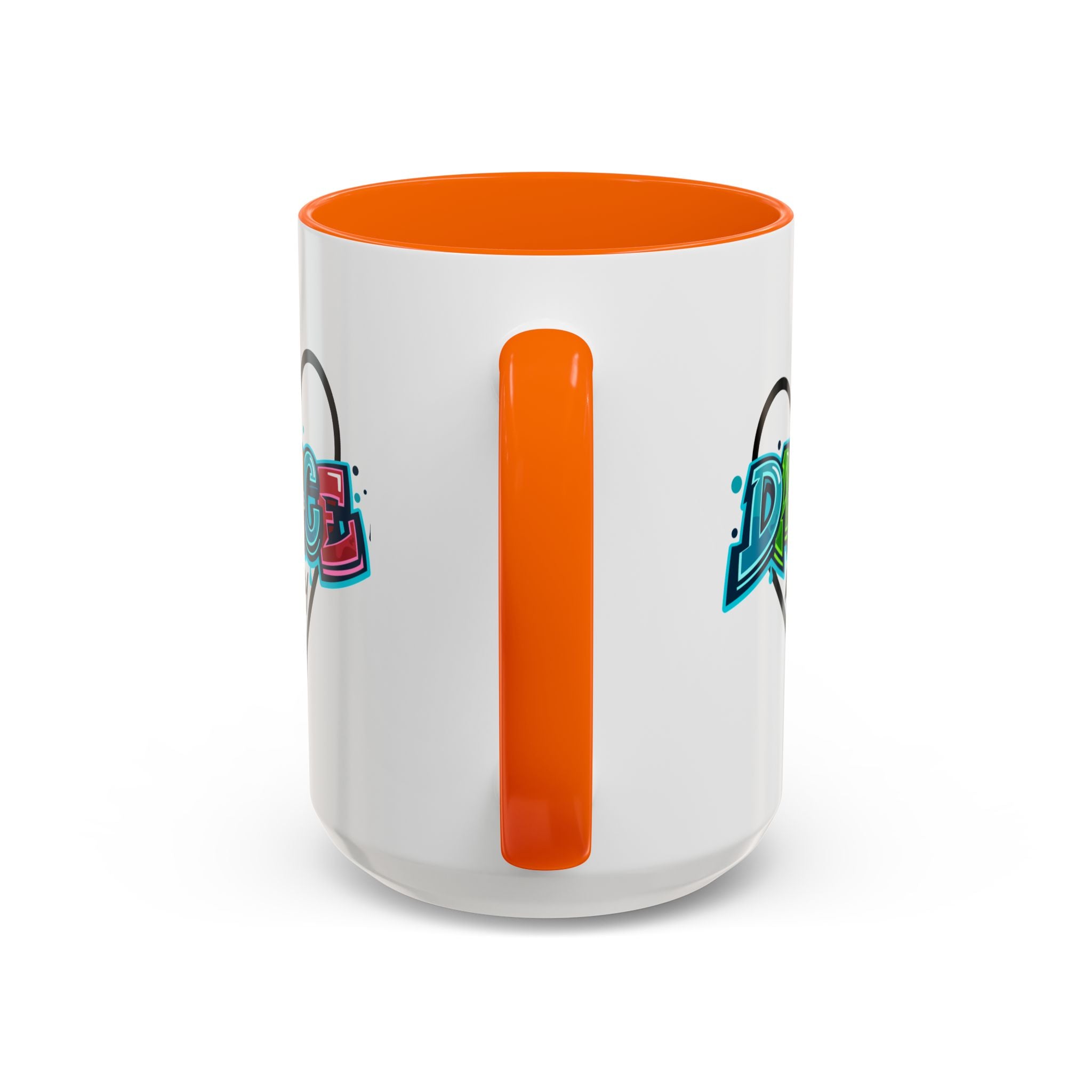 15oz white ceramic Dance All Day mug with orange handle and interior Handle view