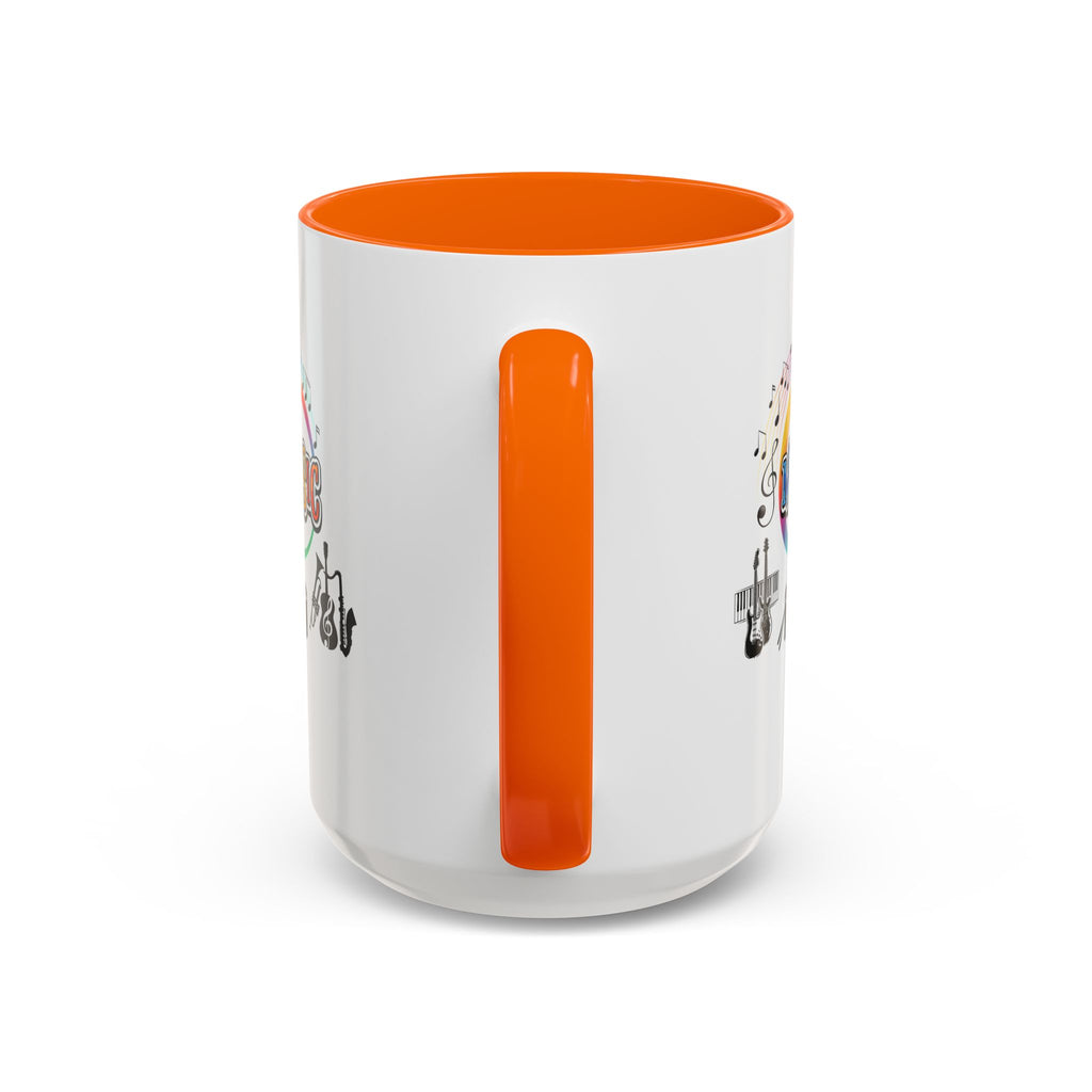 15oz white ceramic Music Instrument mug with orange handle and interior Handle view