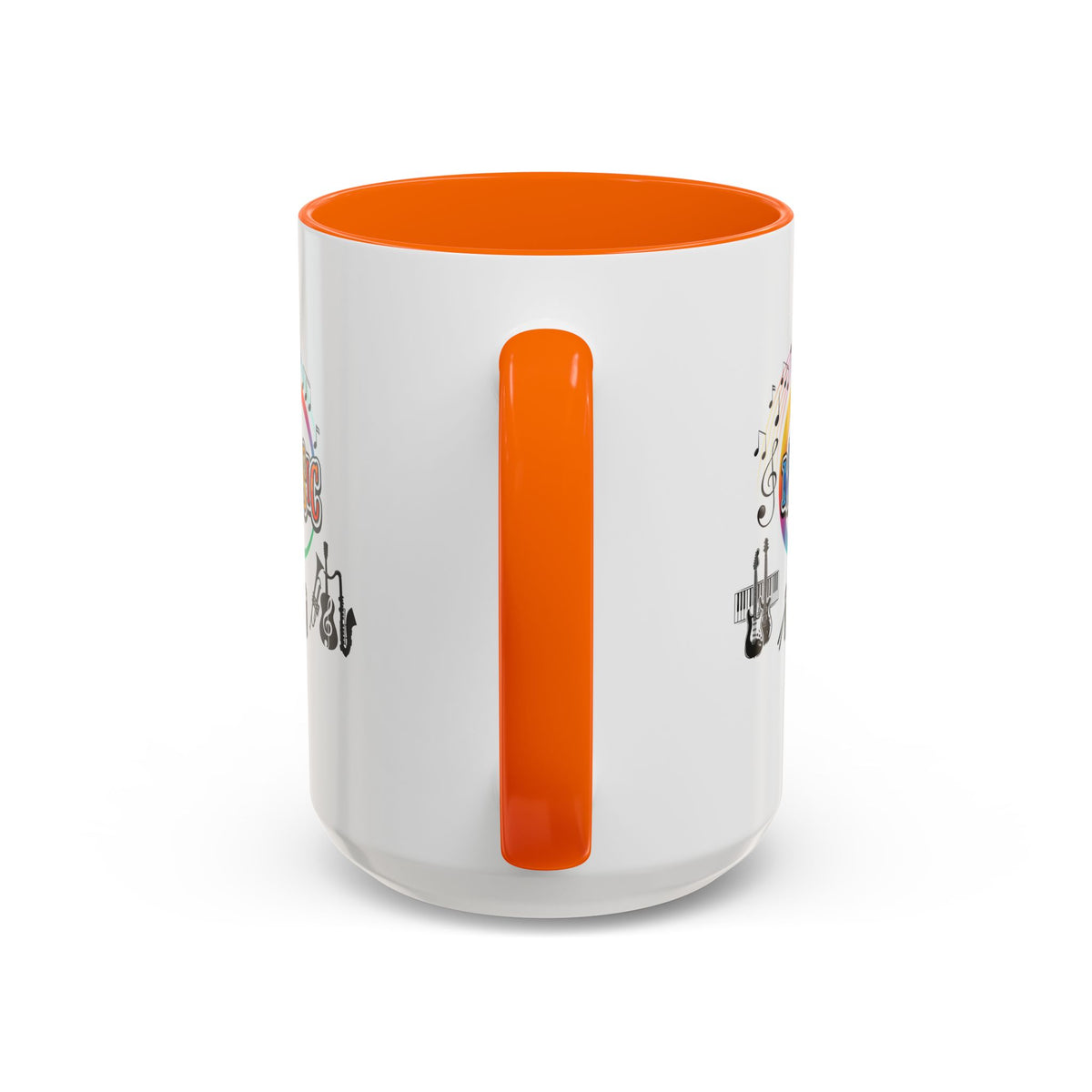 15oz white ceramic Music Instrument mug with orange handle and interior Handle view