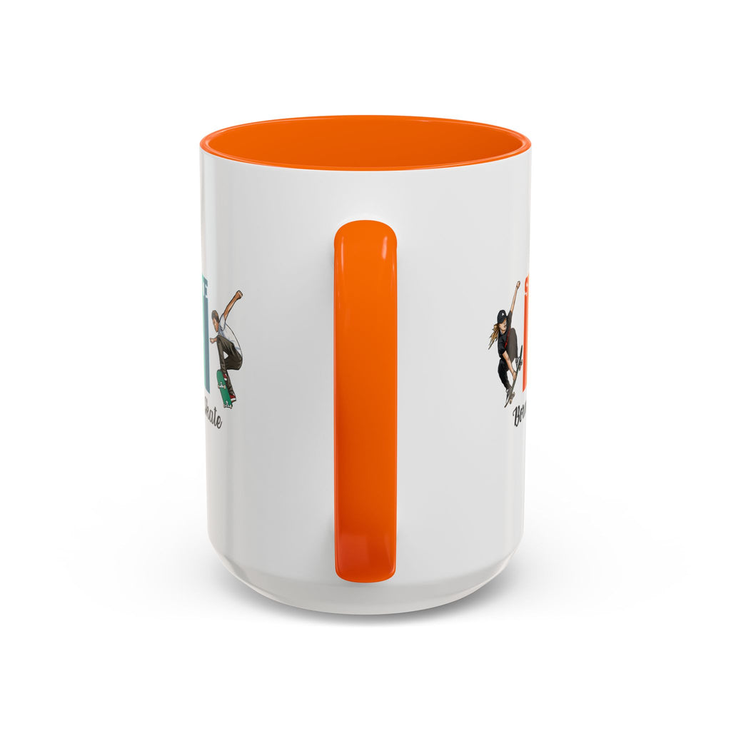 15oz white ceramic Born to Skate Skateboarding mug with orange handle and interior handle view