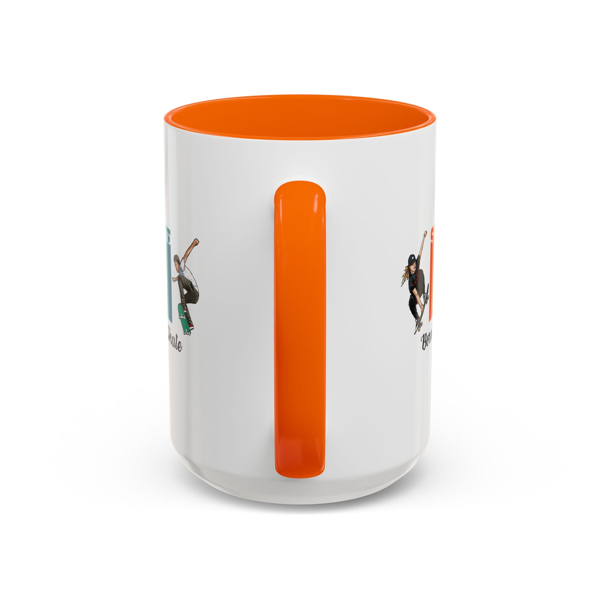 15oz white ceramic Born to Skate Skateboarding mug with orange handle and interior handle view