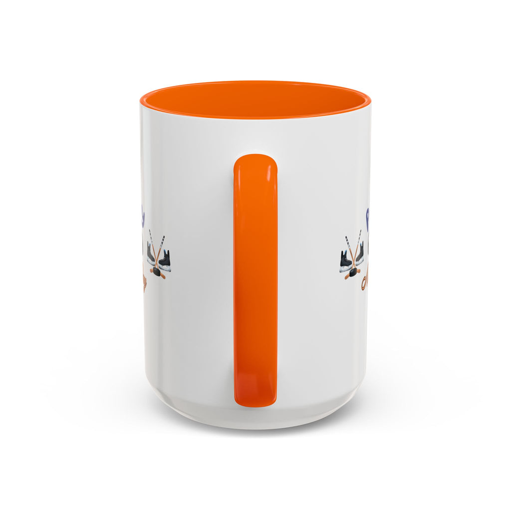 15oz white ceramic Ice Hockey Play All Day mug with orange handle and interior Handle view