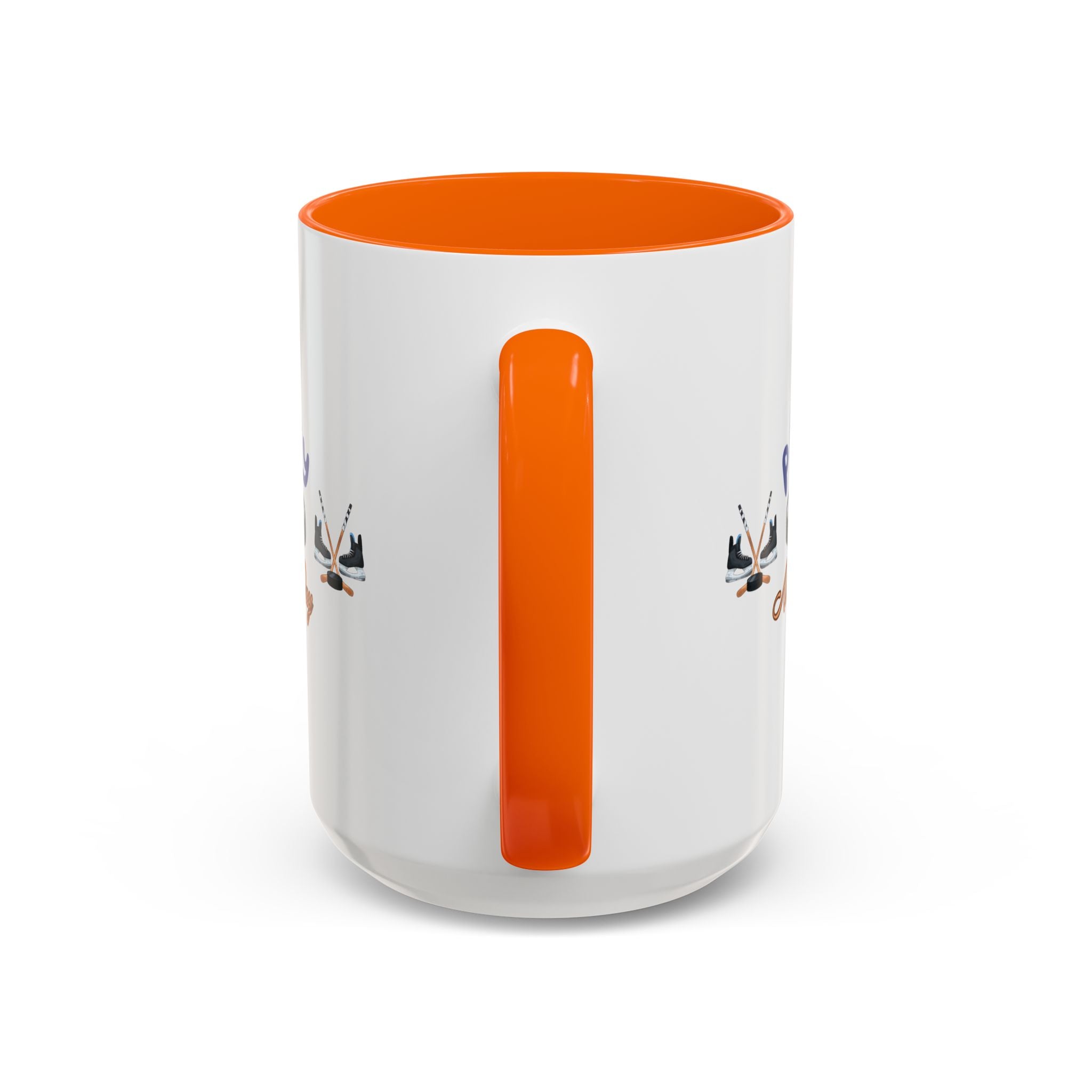 15oz white ceramic Ice Hockey Play All Day mug with orange handle and interior Handle view