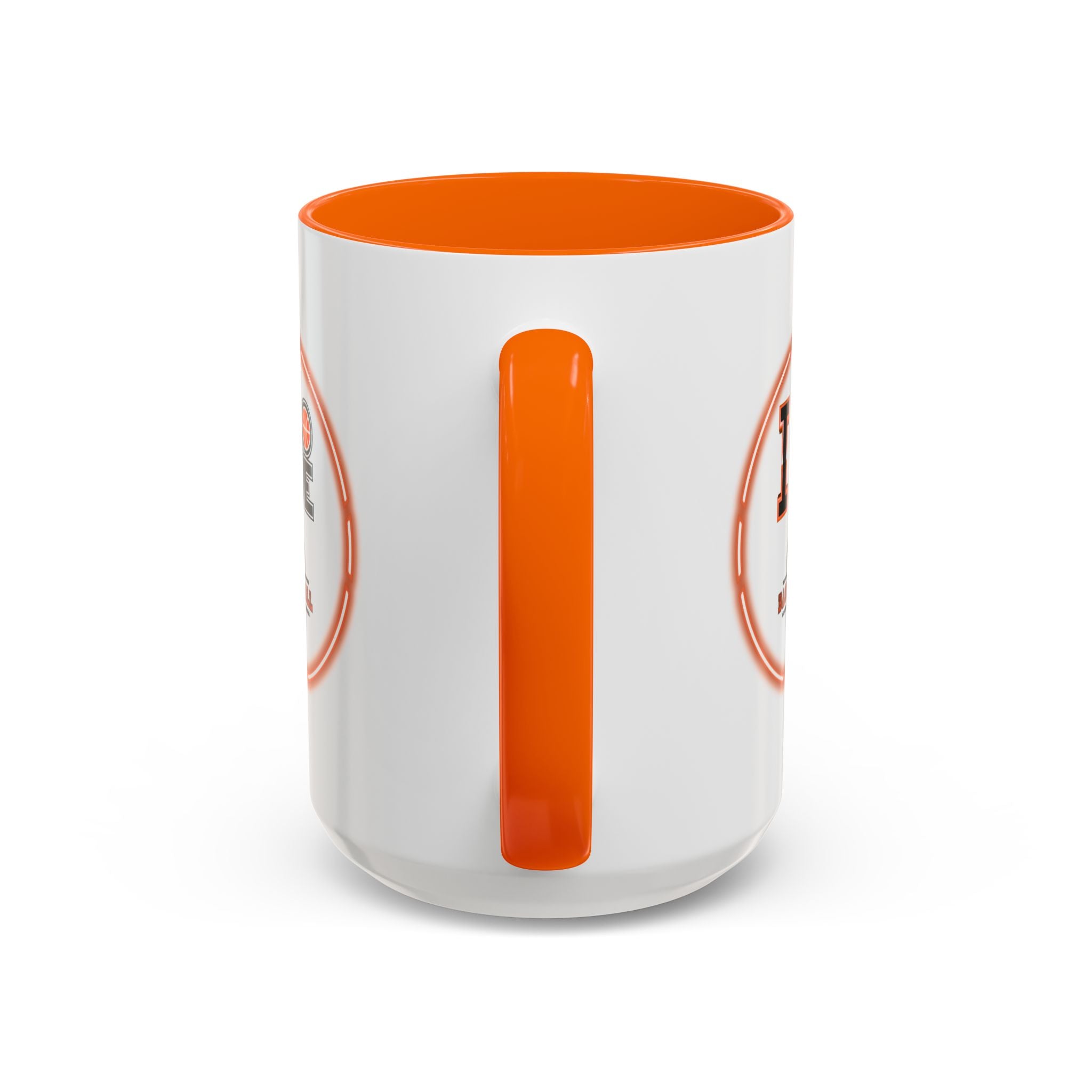 15oz white ceramic I Love Basketball mug with orange handle and interior Handle view