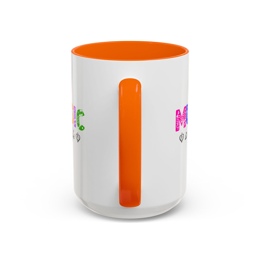 15oz white ceramic Rainbow Music is Life mug with orange handle and interior Handle view