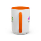 15oz white ceramic Rainbow Music is Life mug with orange handle and interior Handle view