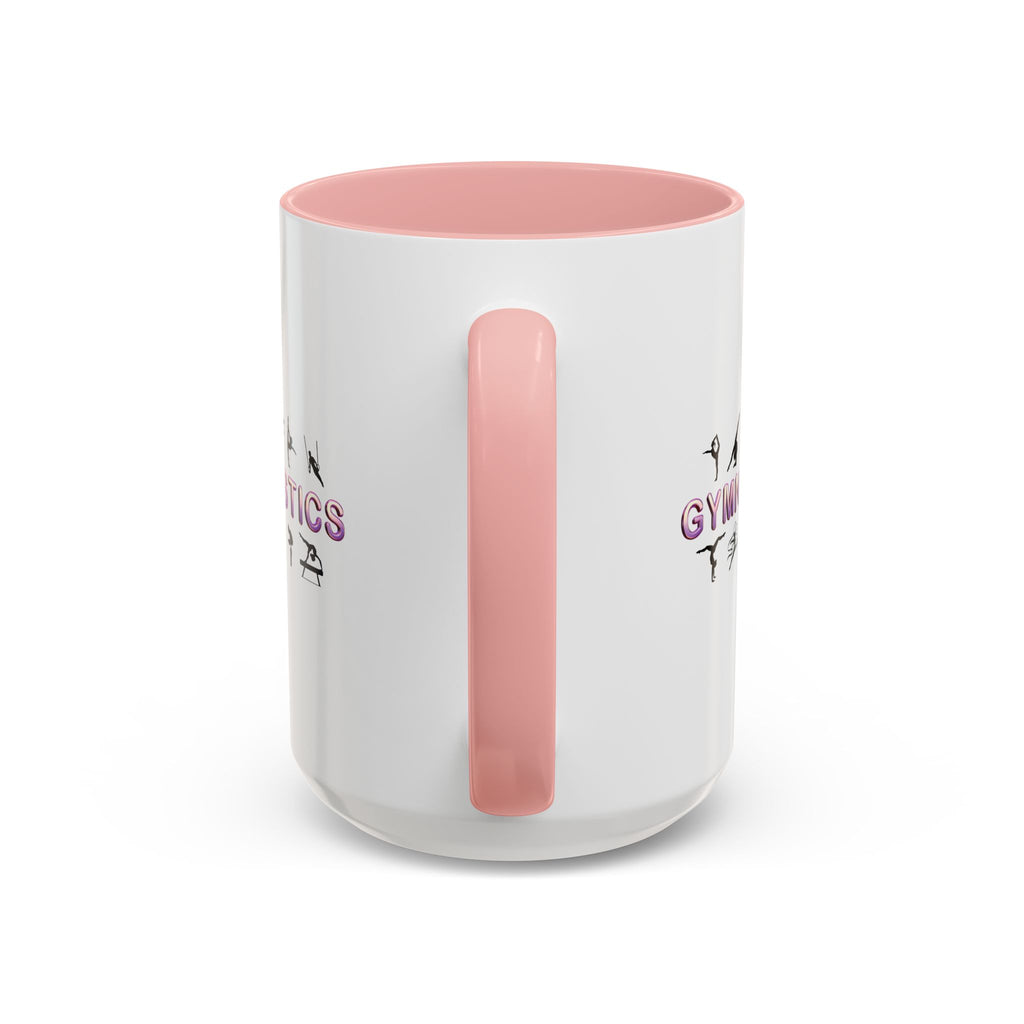 15oz white ceramic Gymnastics mug with pink handle and interior Handle view